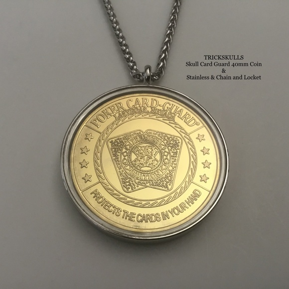 Card Guard Skeleton Skull Enamel Coin Stainless Locket 45-60cm Wheat Link Chain - Picture 3 of 8